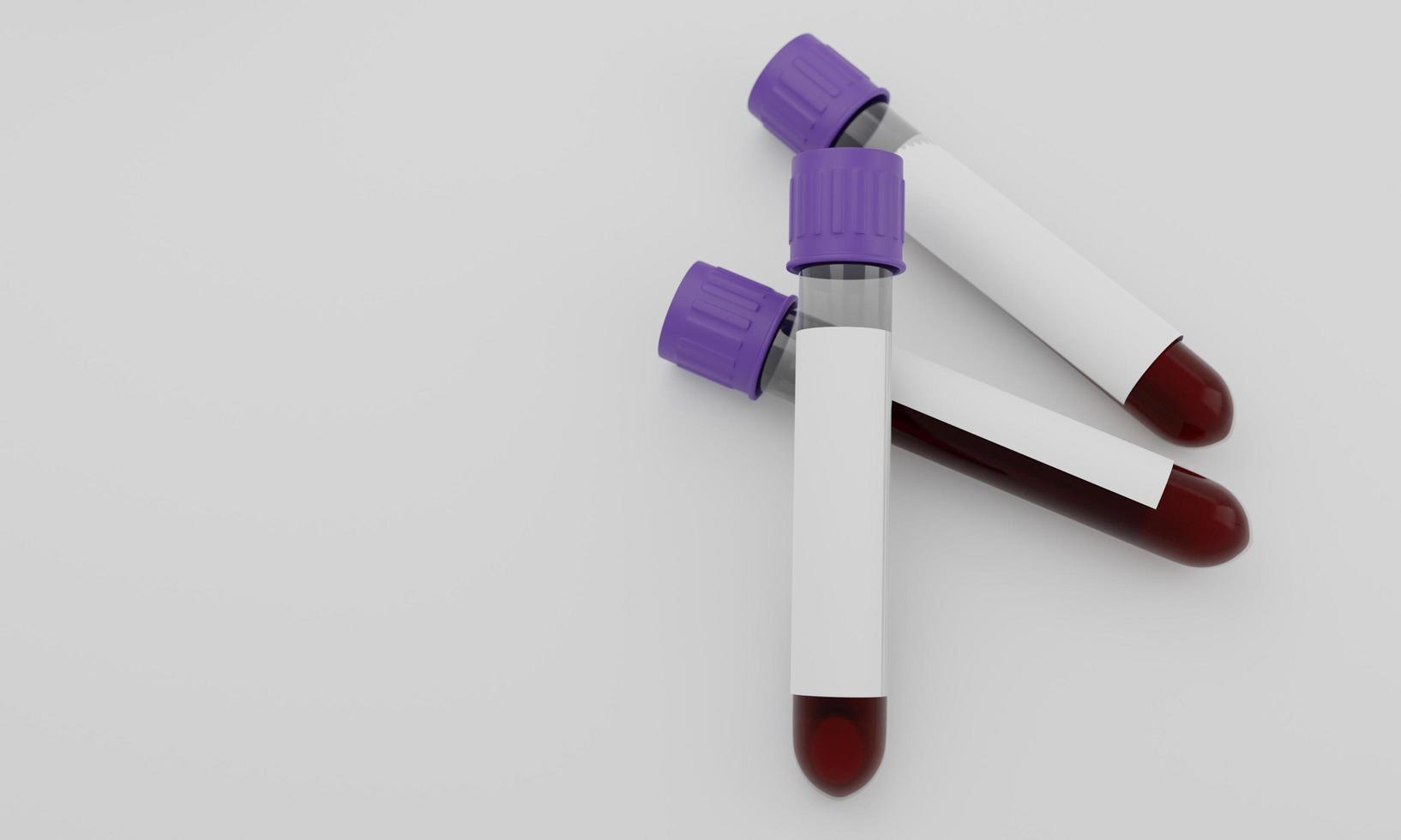 reageerbuisjes met bloed en blanco label geïsoleerd op een witte achtergrond. concept voor het testen van het coronavirus. 3D-rendering. foto