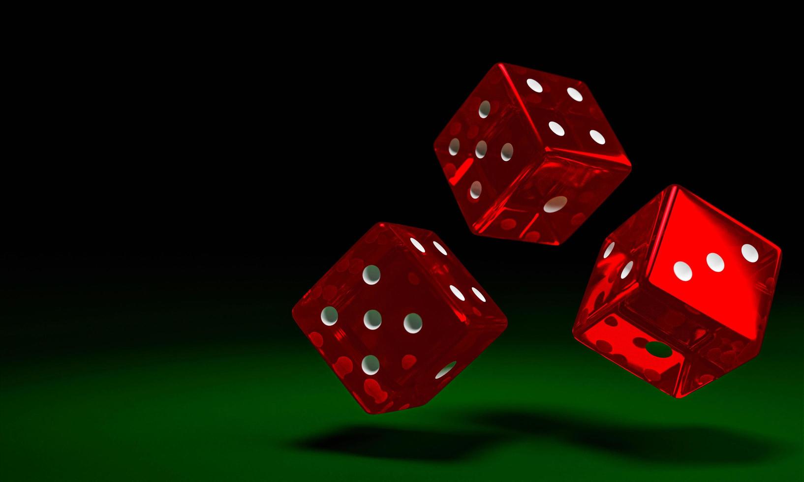 transparante rode dobbelstenen vallen op de groene vilten tafel. het concept van dobbelstenen gokken in casino's. 3D-rendering foto