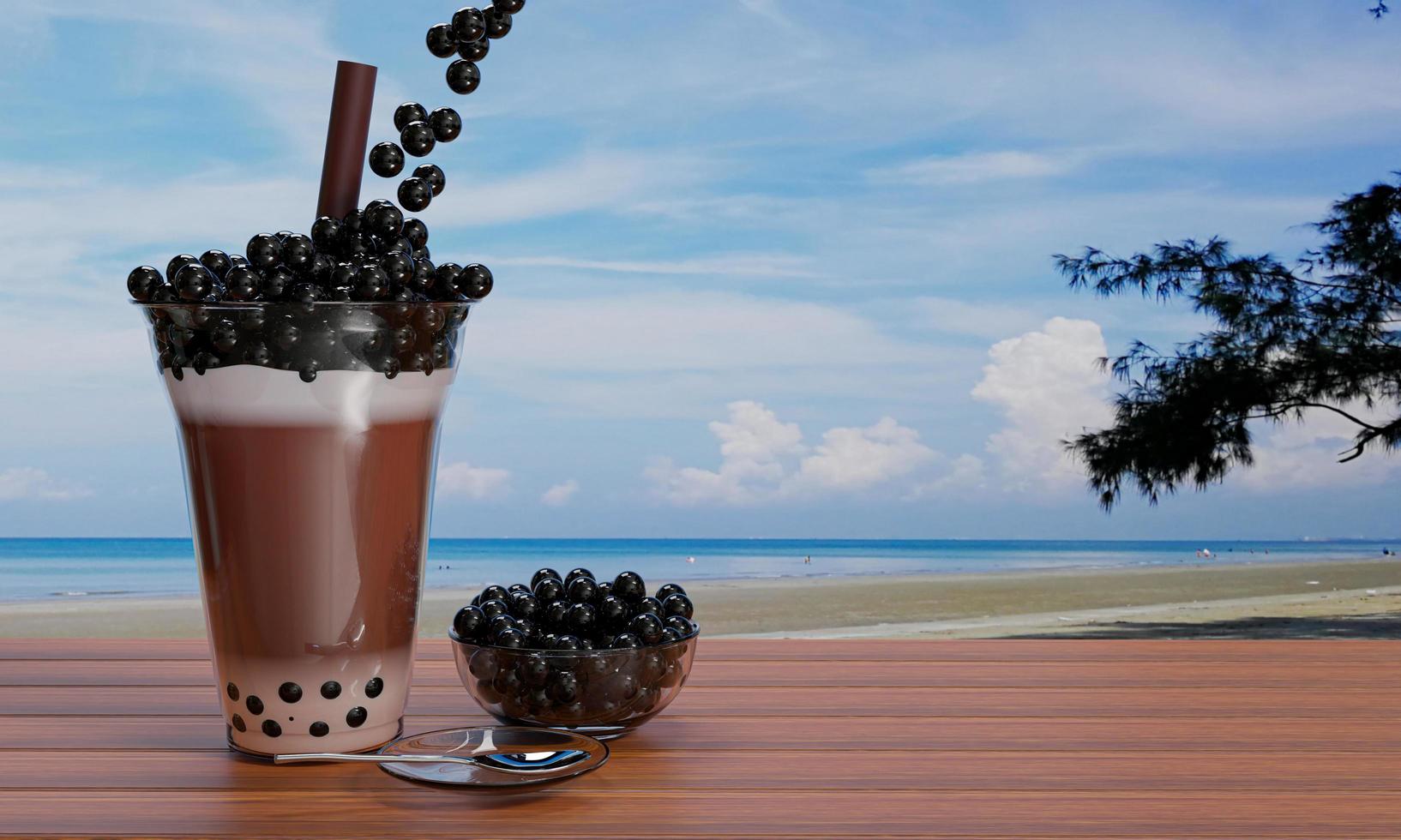 cacaoparelmelkthee, doe zwarte parel- of bubbelgelei in een helder glas en bruine rietjes op een houten tafel en vervaag het uitzicht op zee en het strand. 3D-rendering. foto