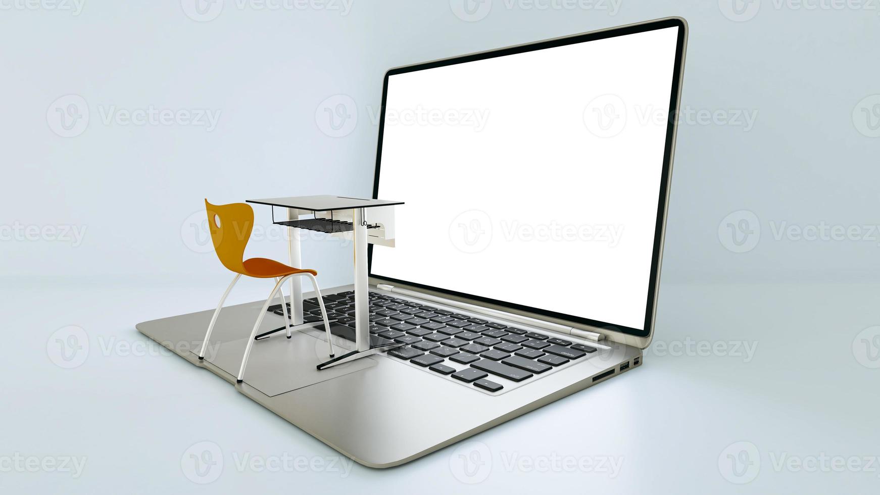 digitaal klaslokaalconcept voor online onderwijs. modern klaslokaalbureau op het laptops-toetsenbord. 3D-rendering foto