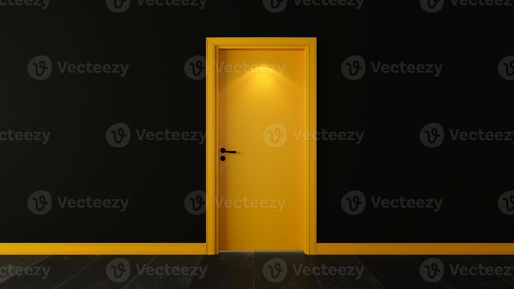 gele houten deur met donkere zwarte muur 3D-rendering foto