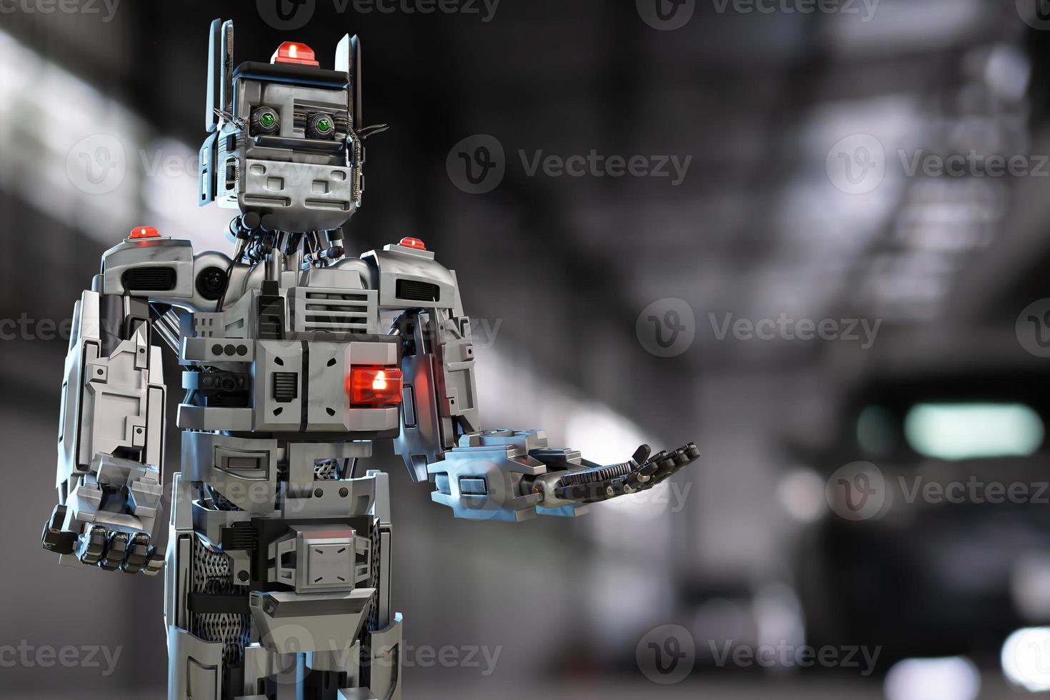 kat robot voor industrie 4.0 3d render communicatie met mensen cybernetisch fabricage verbinding in fabriek automatiseren in autodealer automatisering futuristisch toekomst kat speelgoed intelligentie 3d render foto