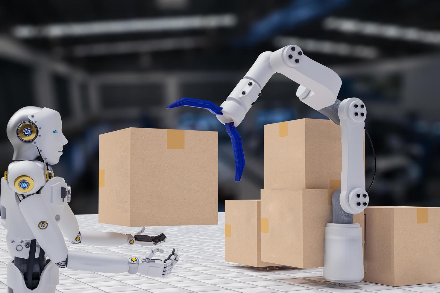 robot cyber toekomst futuristisch humanoïde houd doos product technologie engineering apparaat controleren, voor industrie inspectie inspecteur vervoer onderhoud robot service technologie 3D-rendering foto