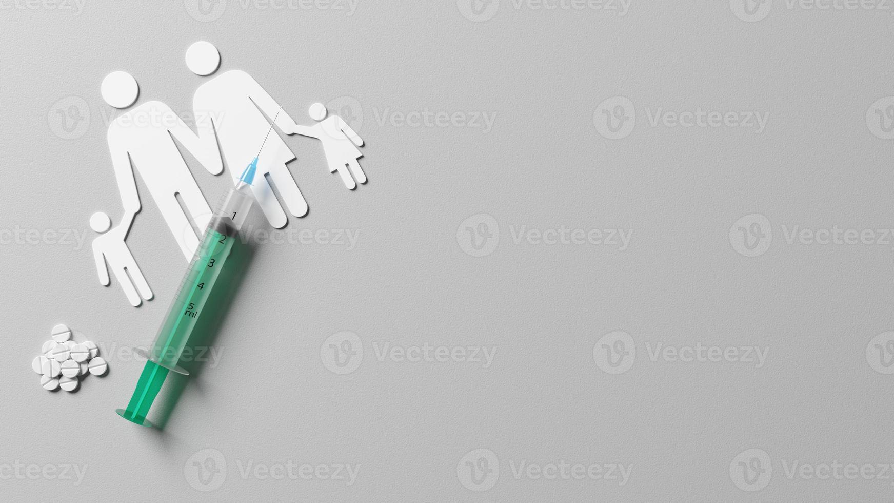 medische spuit met een naald voor gezinsvaccinatie. 3D-rendering foto