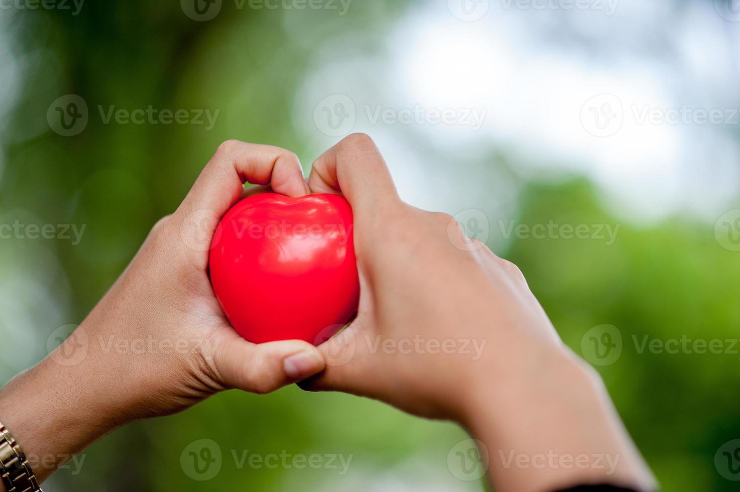 hand- en handafbeeldingen en rode harten en liefdesvalentijnsdagconcept met kopieerruimte foto