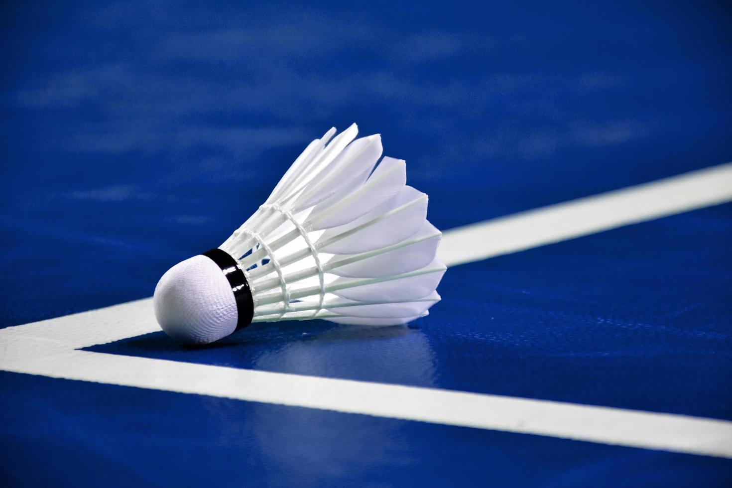 roomwitte badmintonshuttle en racket met neonlichtschaduw op groene vloer in indoor badmintonveld, vage badmintonachtergrond, kopieerruimte. foto