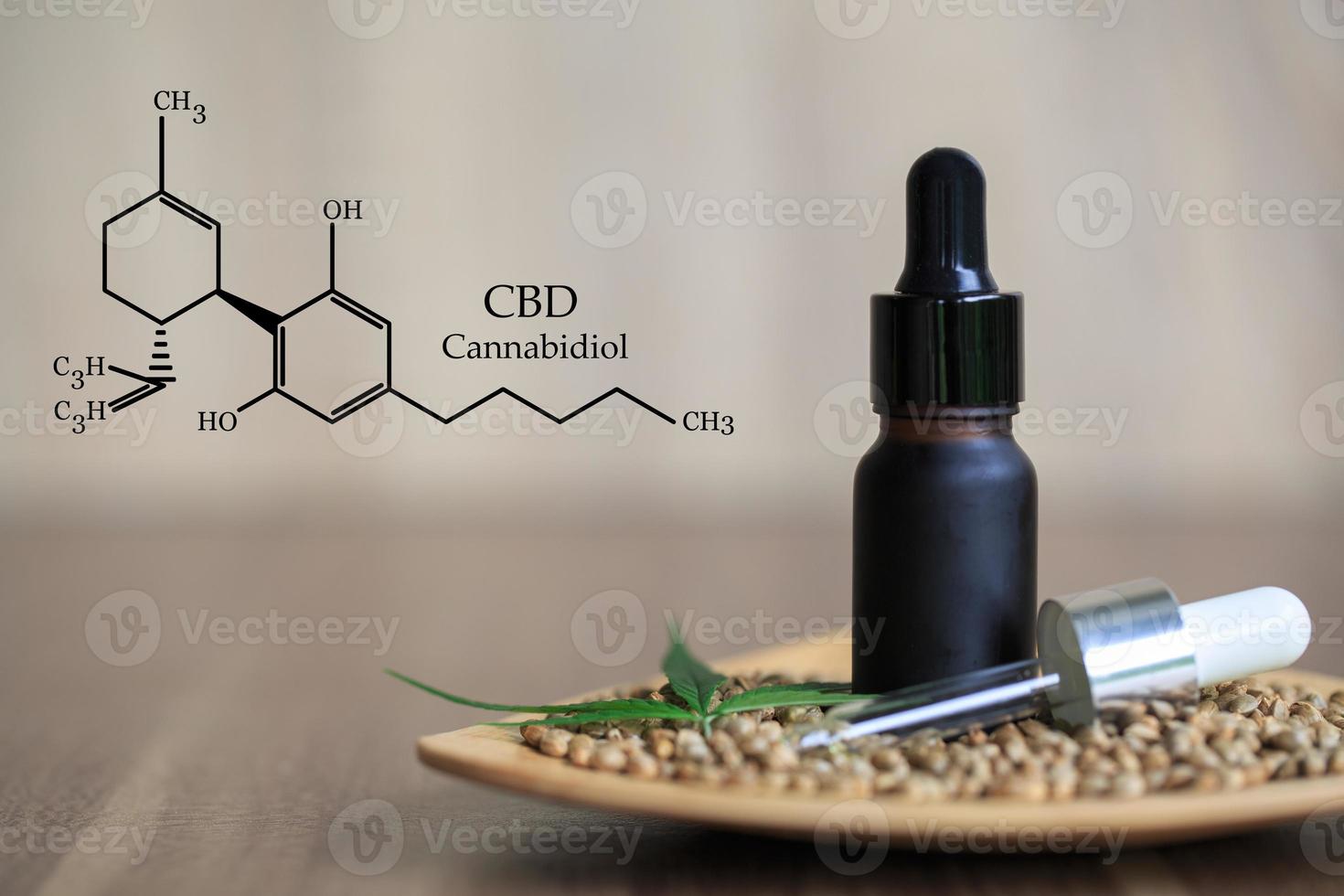 CBD-samenstelling in cannabis, cannabisolie in zwarte ondoorzichtige glazen fles, biologische cannabisolie, concept van alternatieve kruidengeneeskunde. biologische kruiden. wetenschappelijk cannabissymbool. foto