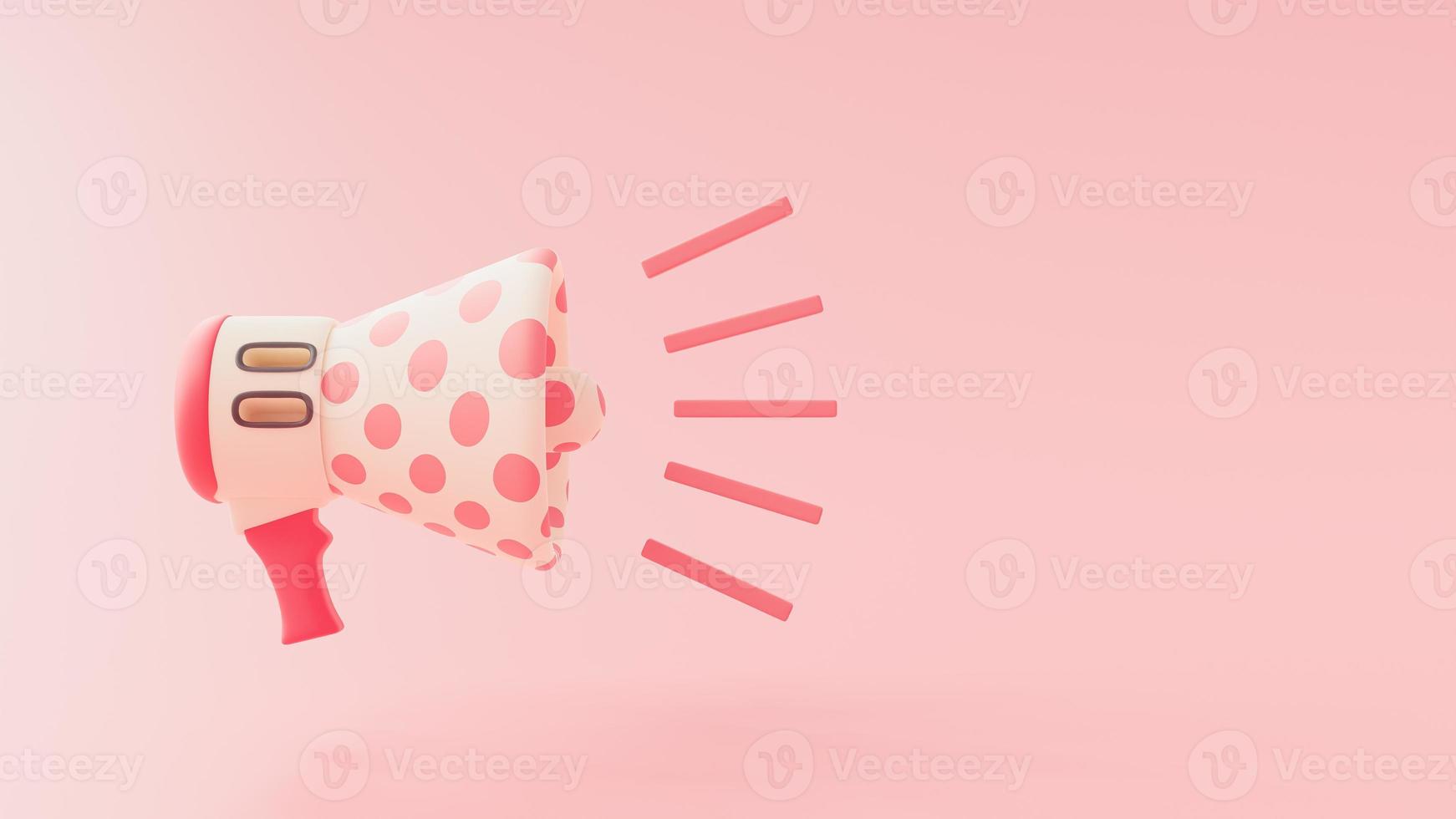 roze polka dot megafoon rinkelt. licht komt uit de achterkant van de megafoon. ruimte aan de zijkant voor banner of logo. 3D render. foto
