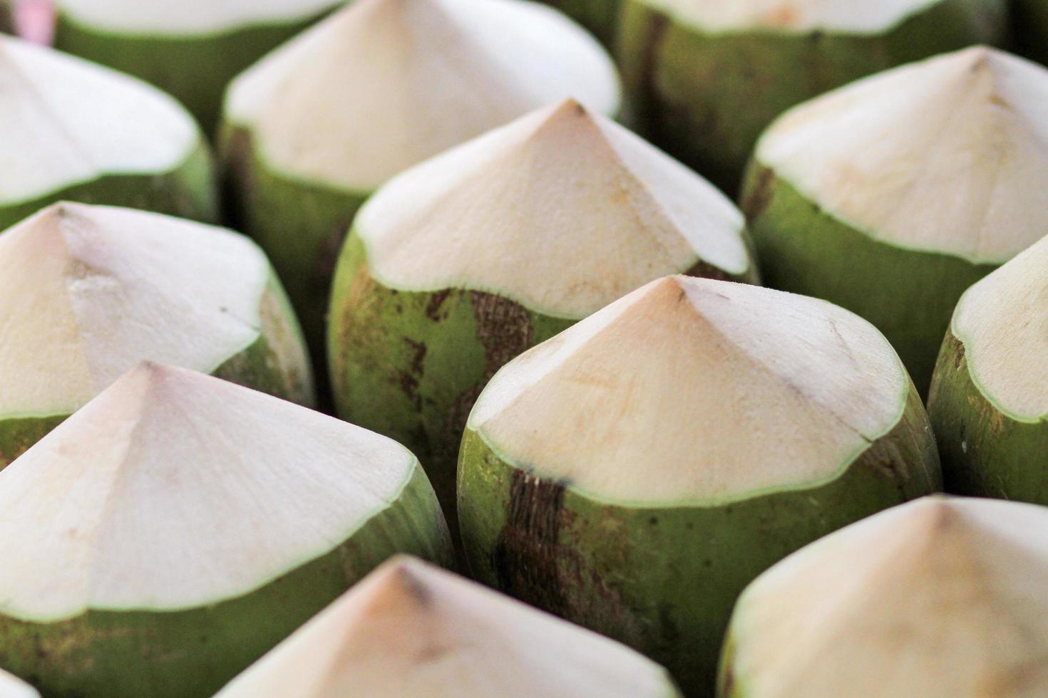 geurige kokosnoten worden naast elkaar geplaatst. foto
