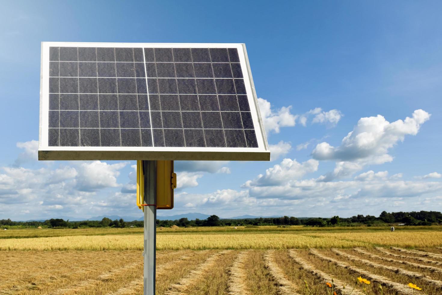 fotovoltaïsch paneel, nieuwe technologie voor het opslaan en gebruiken van de kracht van de natuur met menselijk leven, duurzame energie en milieuvriendelijk concept. foto