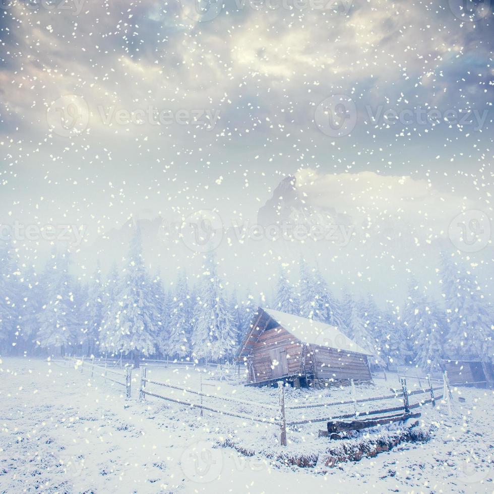 hut in de bergen in de winter foto