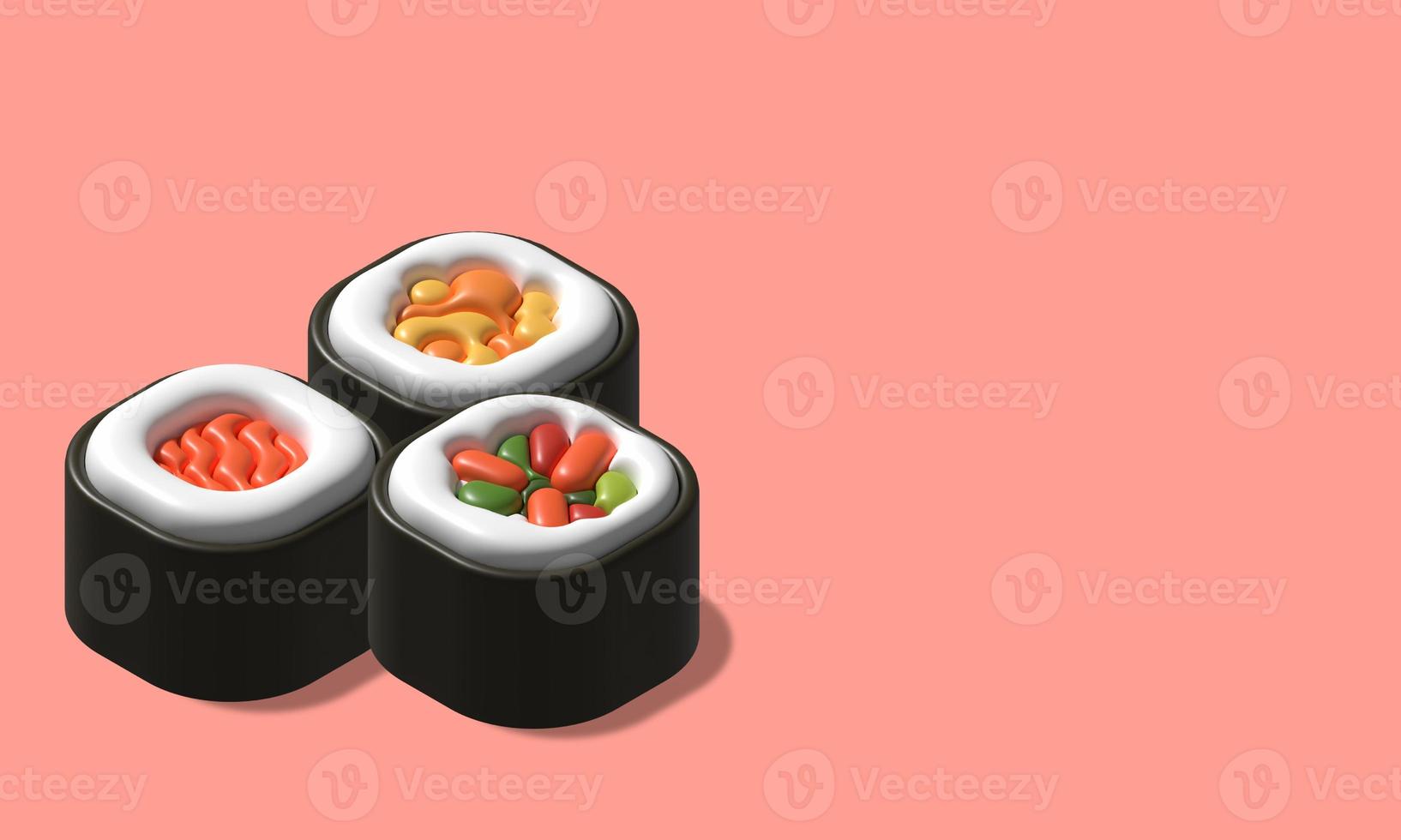 3D render illustratie roll sushi geïsoleerd. 3d illustratie japans sushi-object foto