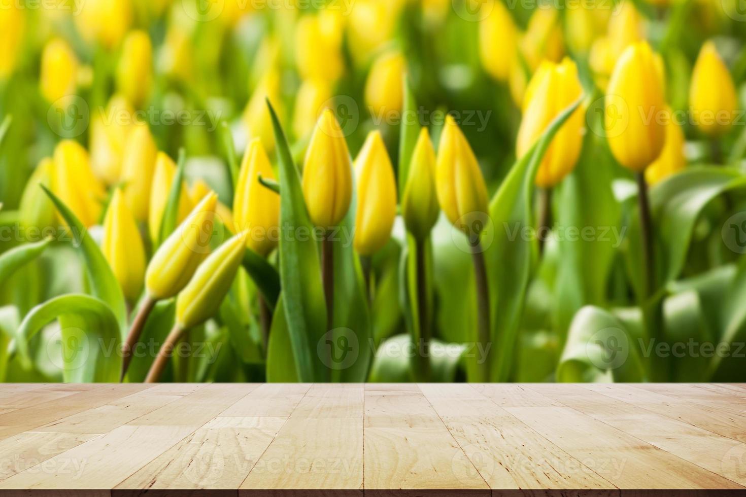 leeg houten tafelblad op prachtige lentetulpen met kopieerruimte op hout foto