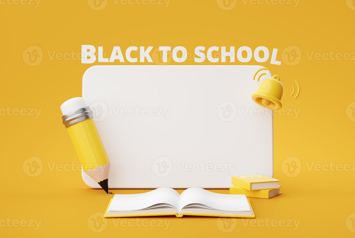 witte mockup kopie ruimte schoolbord met boek en potlood cartoon banner zwart naar school concept achtergrond website 3D-rendering foto