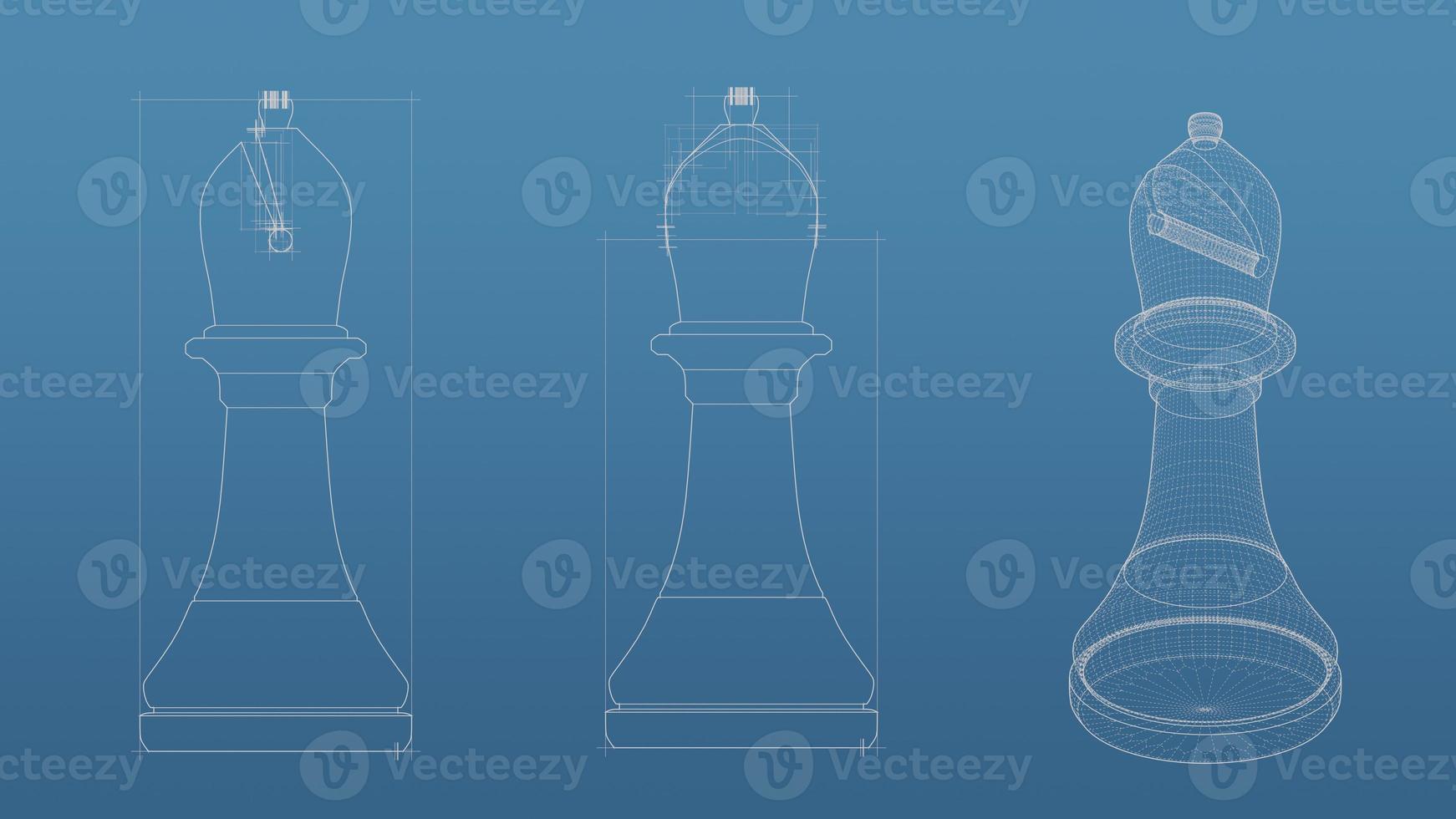 schaak 3d blauwdruk mesh-model op een blauwe achtergrond. vooraanzicht orthografische en perspectief vrije stijl renderen, 3D-rendering foto