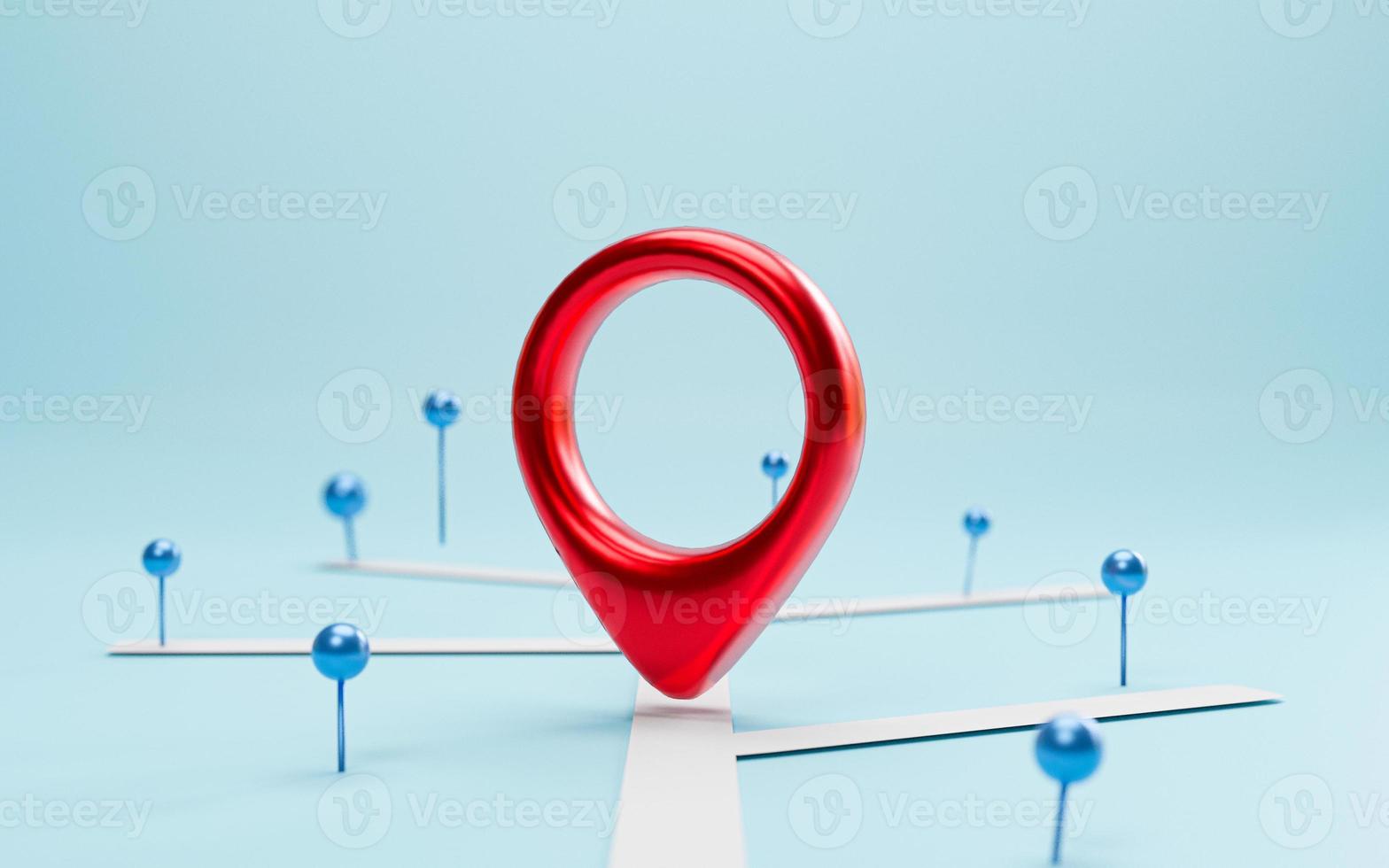 rode locator en blauwe locatiespeld op navigator met kaart voor zoekconcept door 3d render. foto