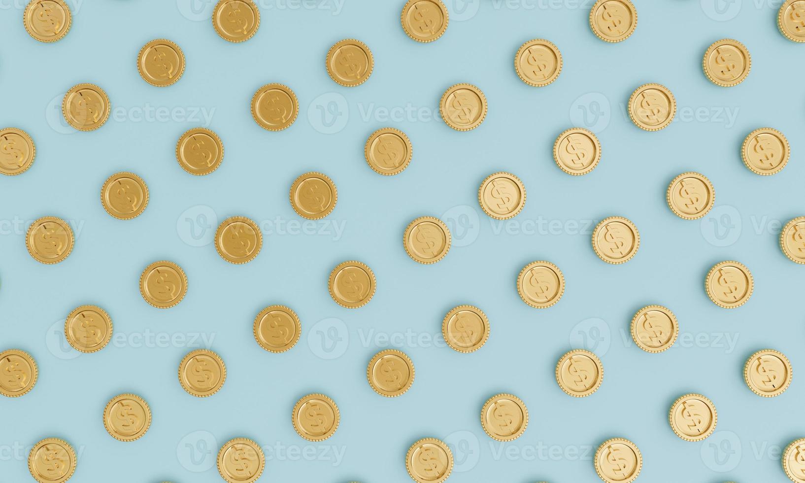 plat lag of bovenaanzicht van gouden dollar munten patroon op blauwe achtergrond, usd is de belangrijkste valutawissel ter wereld voor zakelijke en economische concepten door 3d render. foto