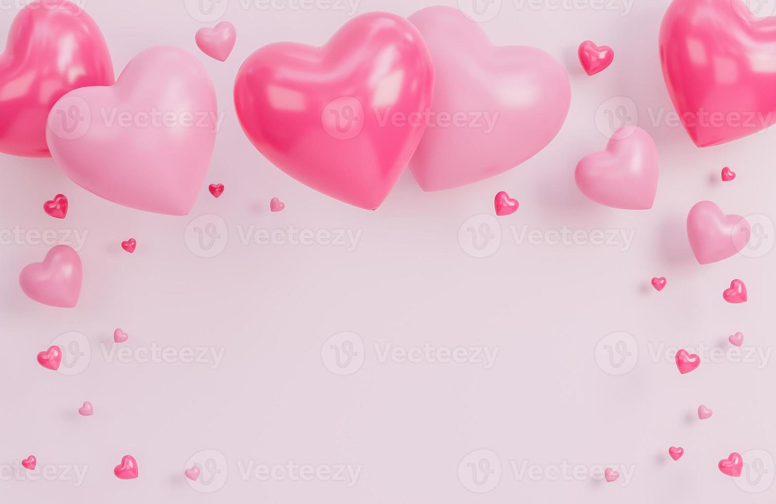 happy valentine day banner met veel harten 3D-objecten op roze achtergrond., 3D-model en illustratie. foto