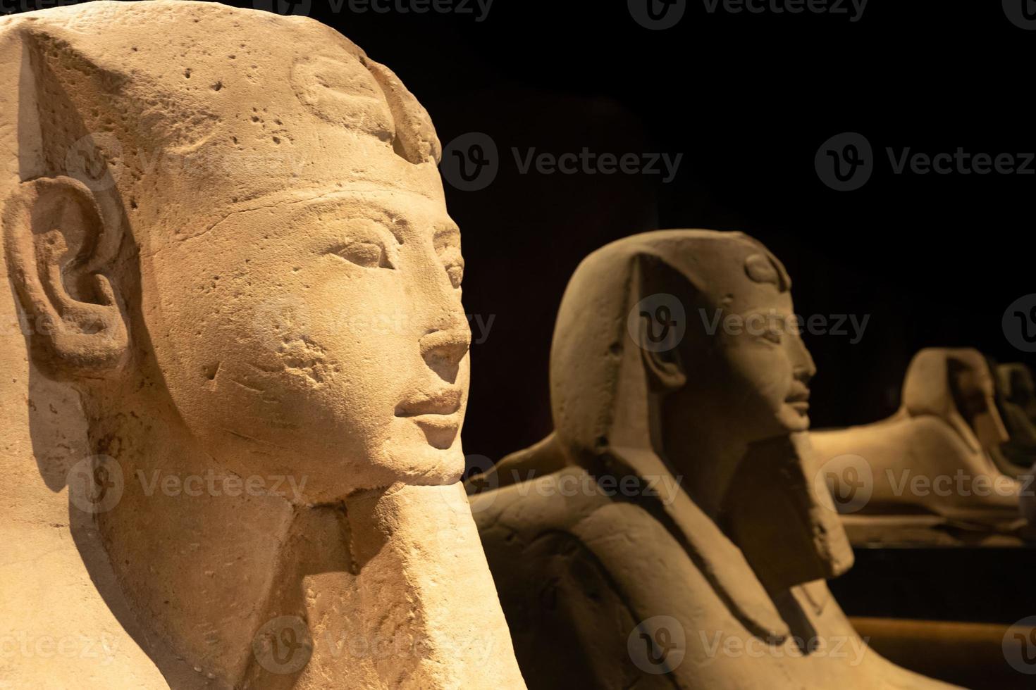 Egyptische archeologie. oude sfinx in zandsteen die de farao vertegenwoordigt, kopieer ruimte. foto