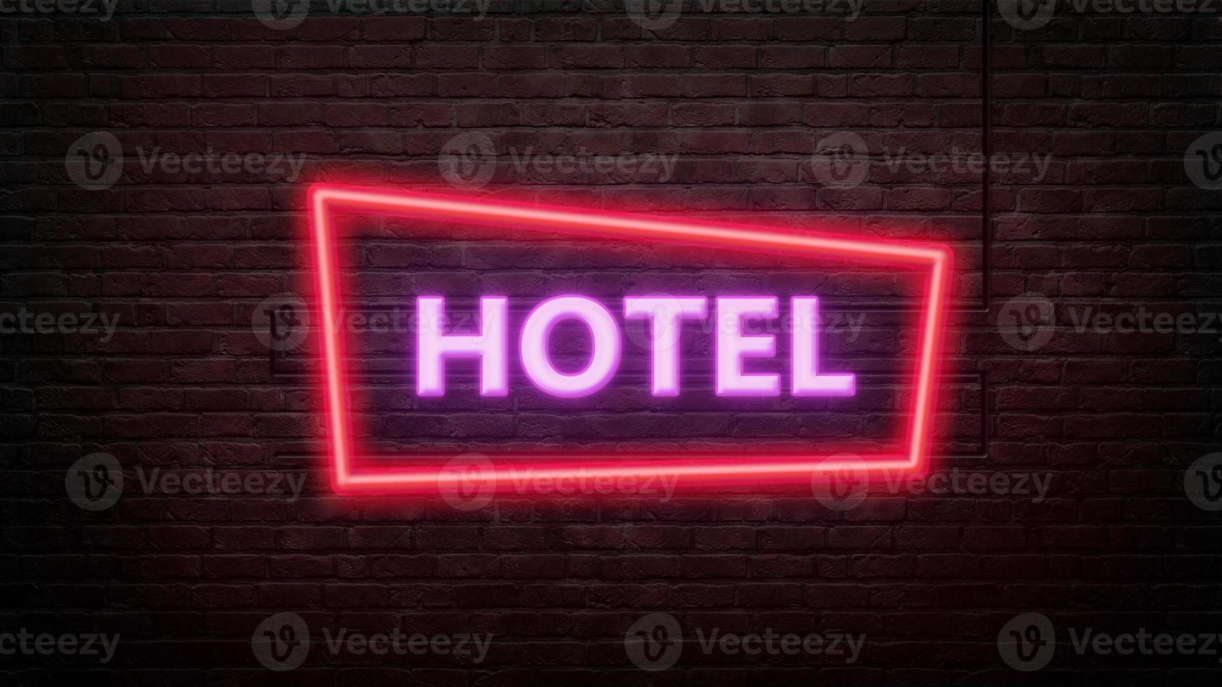 het embleem van het hotelteken in neonstijl op bakstenen muurachtergrond foto