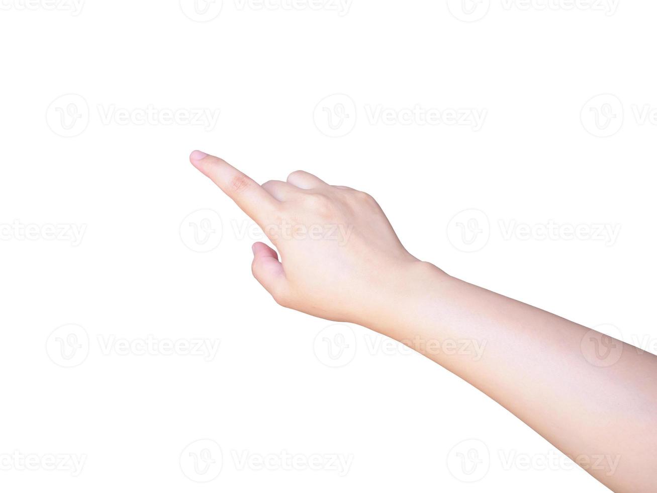 vrouwelijke hand aanraken of wijzen op iets geïsoleerd op wit foto