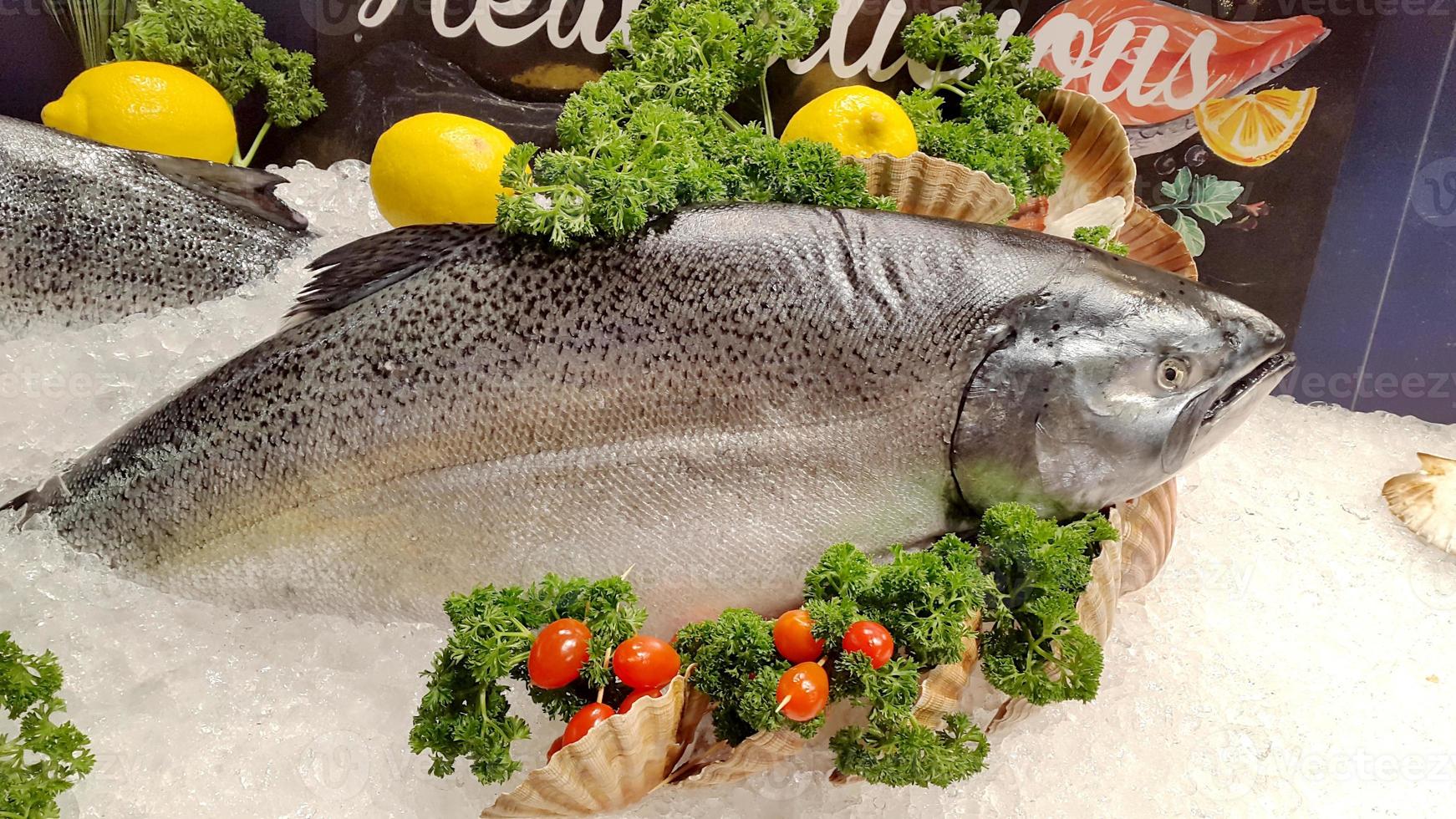 zalm vis en ingrediënten op ijs foto