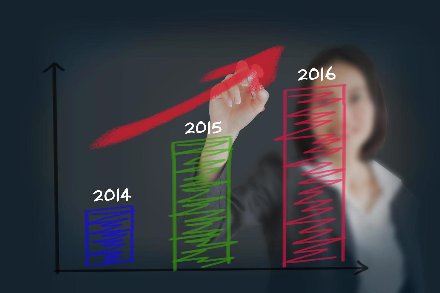 jonge mooie zakenvrouw schrijven over 2016 op grafiek foto