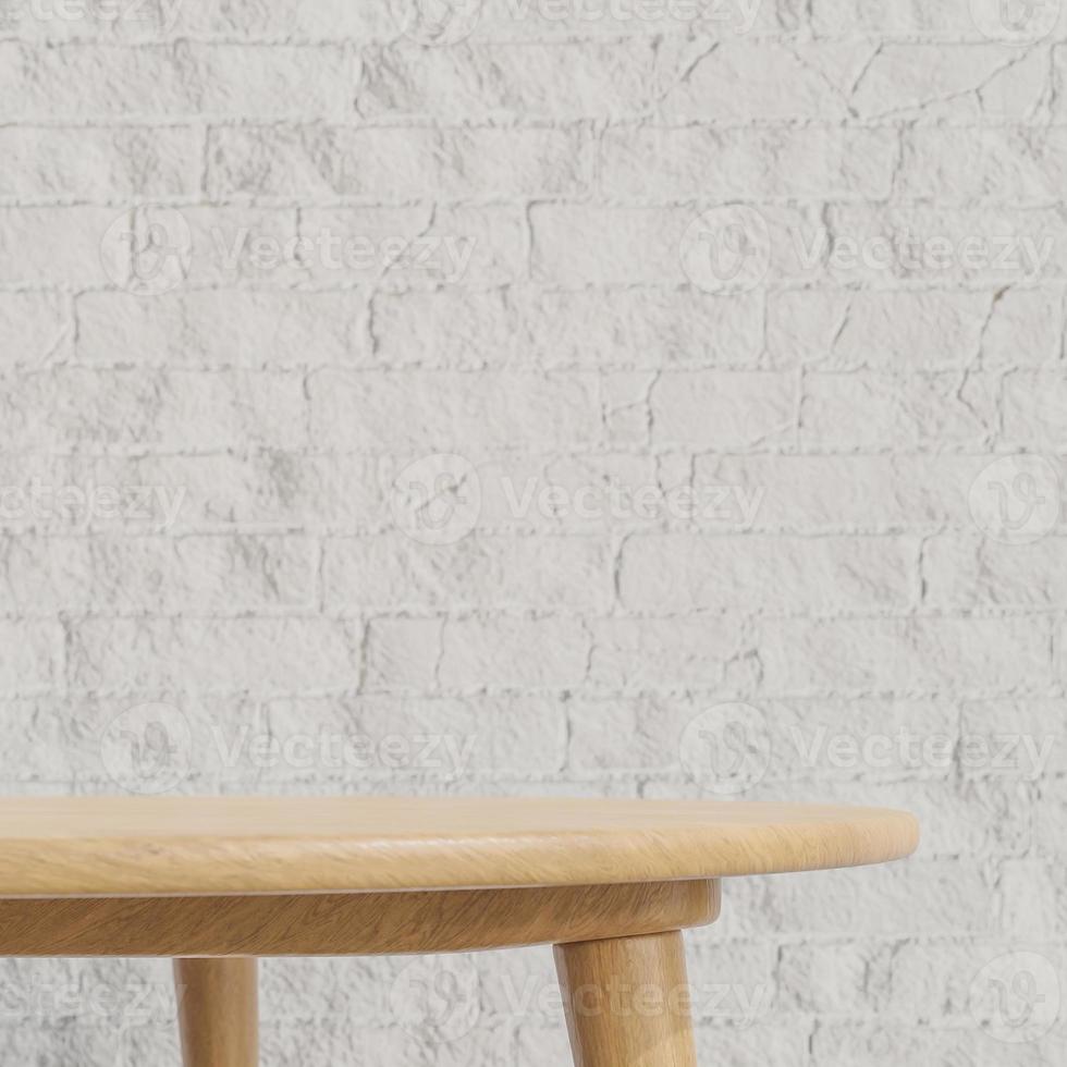 houten tafel podium voor productpresentatie op witte bakstenen muur achtergrond minimalistische stijl., 3D-model en illustratie. foto