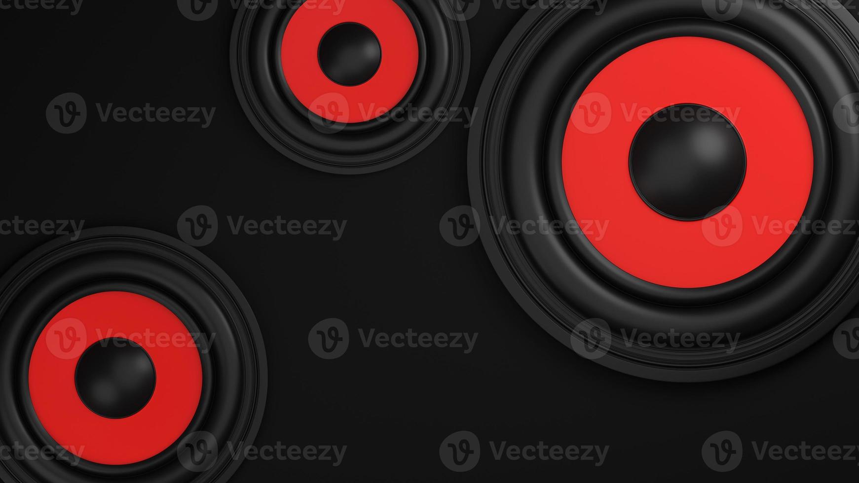 veel rode luidspreker luidspreker op zwarte achtergrond., 3D-model en illustratie. foto