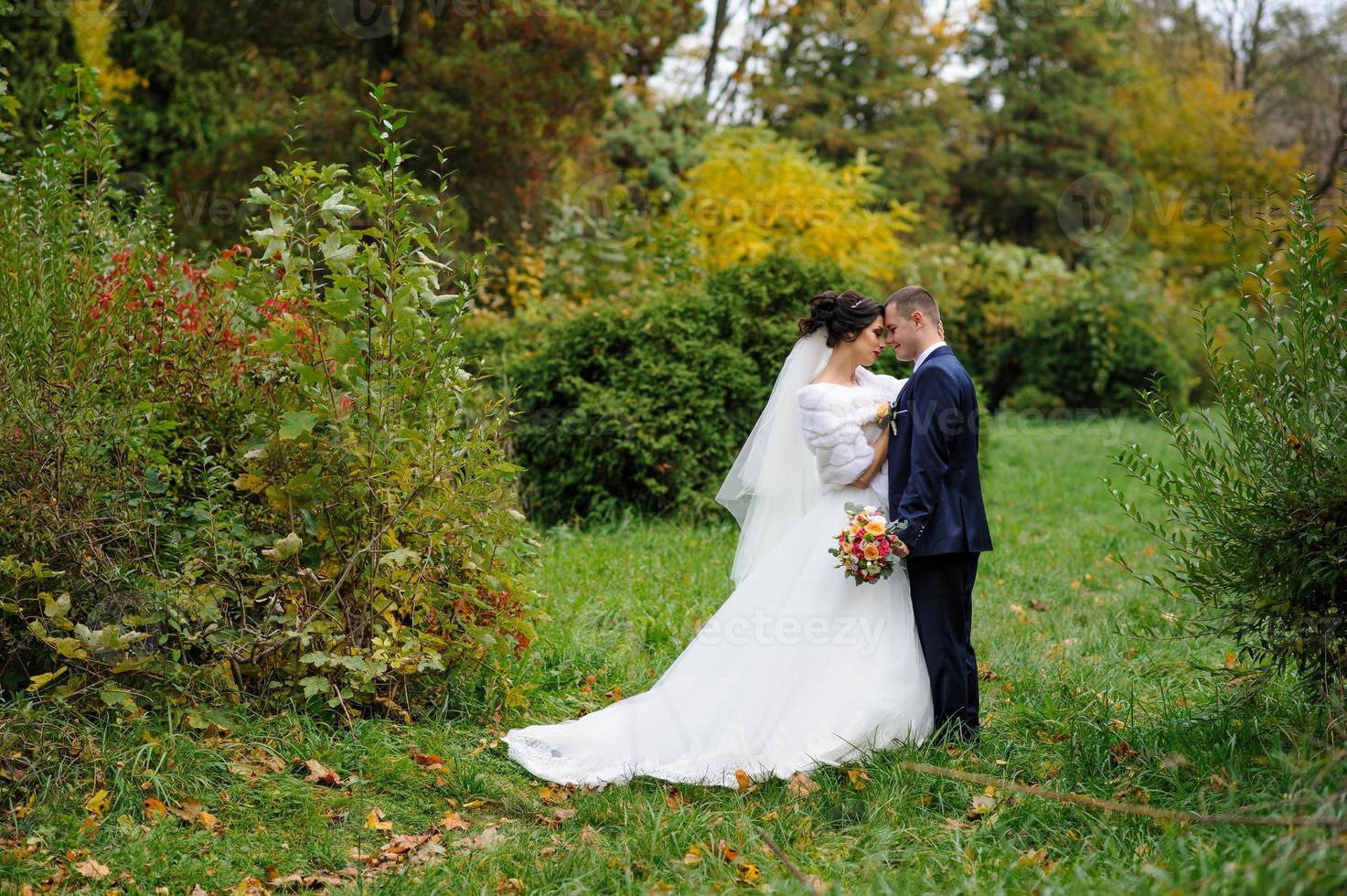 de bruid en bruidegom op de achtergrond van het herfstpark. foto