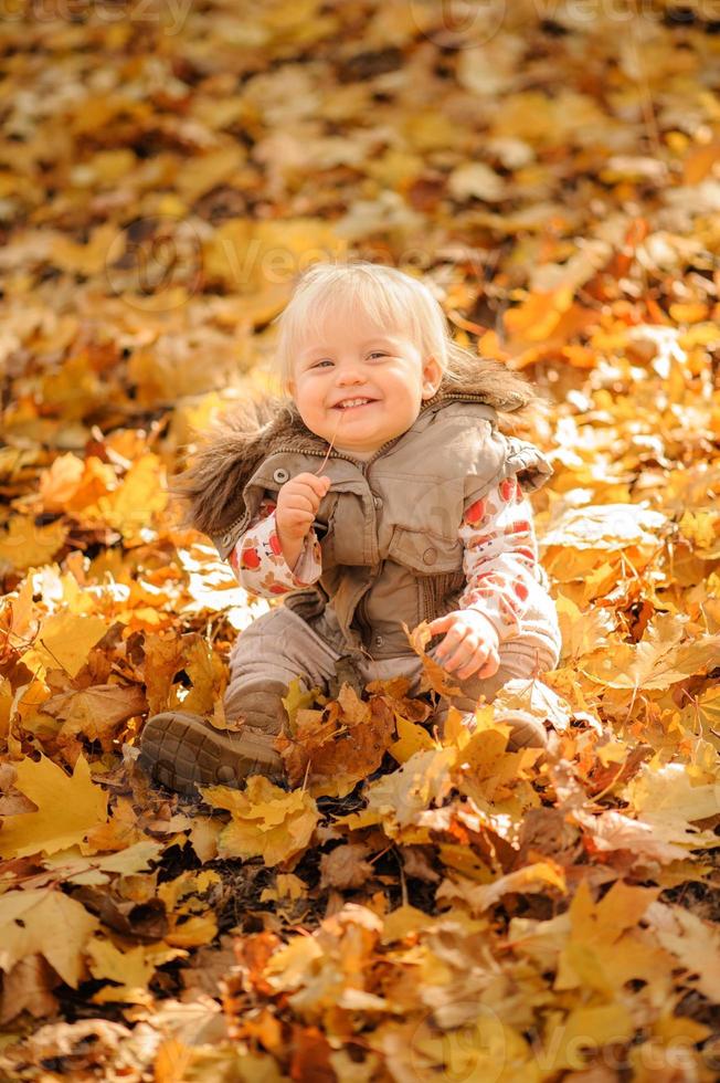 klein schattig meisje zit in een stapel bladeren. herfstseizoen. foto