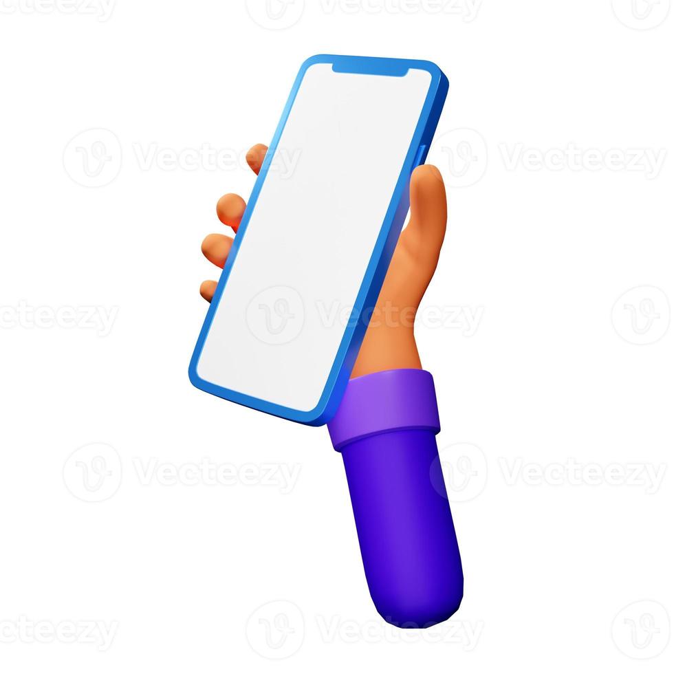 hand met een mobiele telefoon. hand met een mobiele telefoon met wit scherm. 3D render foto