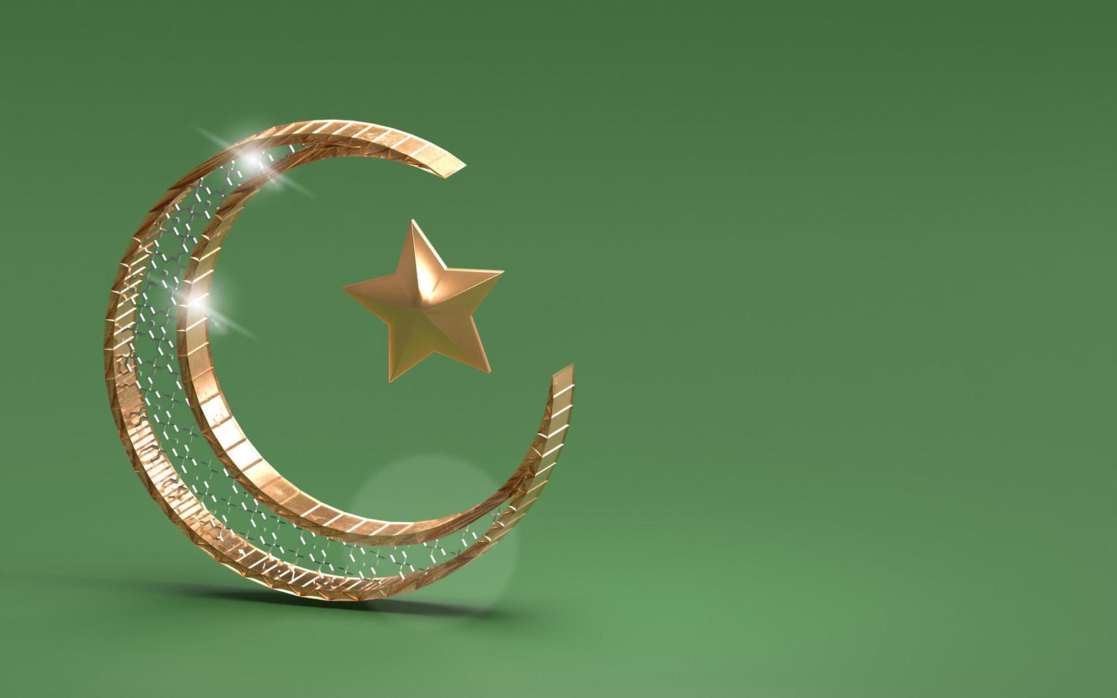 ramadan kareem 3d geïsoleerd met gouden wassende maan glanzend op groene achtergrond islamitisch modern design foto