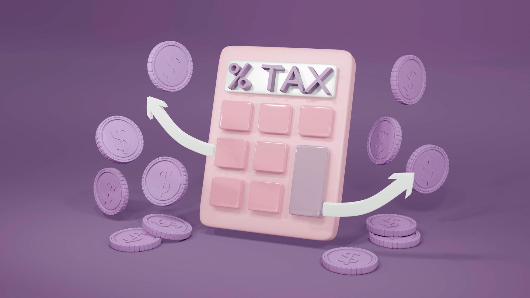 3D-rendering concept van belasting. een rekenmachine, munten en pijlen op de achtergrond. 3D render. foto