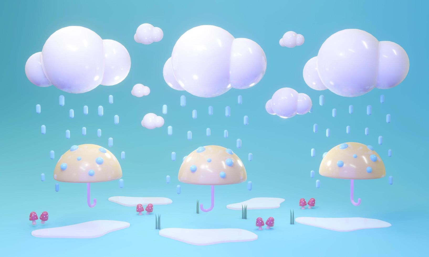 3D-rendering concept van regenseizoen. paraplu's en wolk met regen. 3D render. 3D illustratie. foto