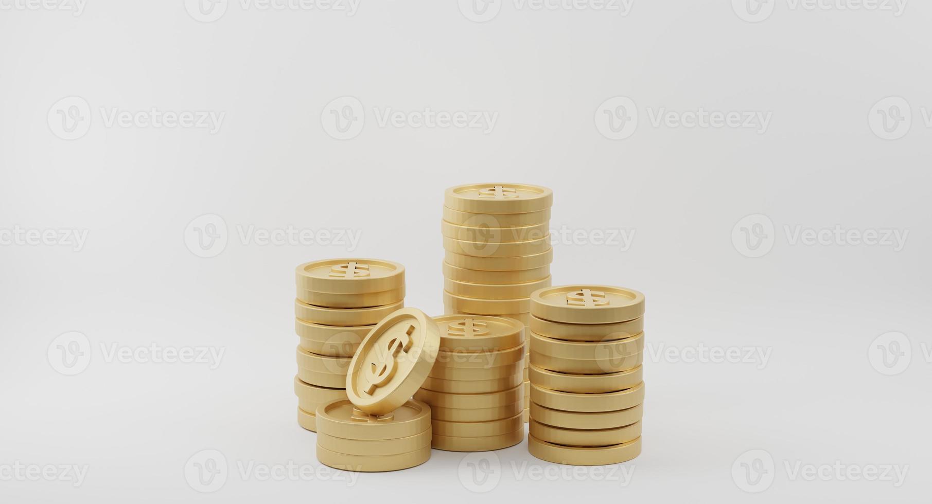 gouden munt stapels met dollarteken op witte achtergrond. bank- en financieringsconcept. 3D-rendering foto