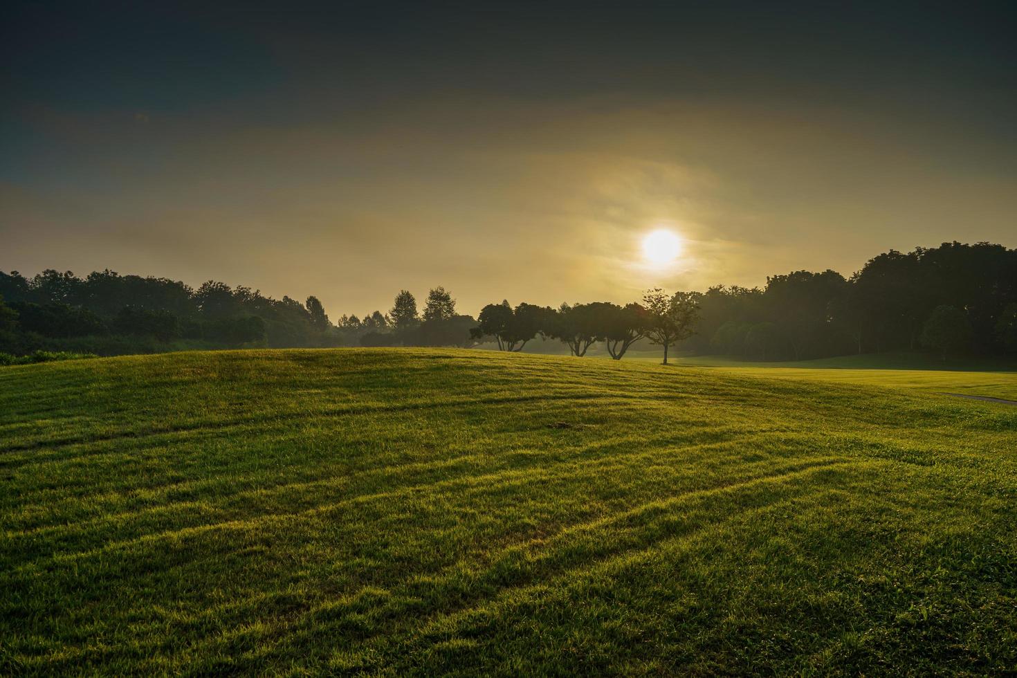 prachtig landschap golfbaan in de ochtendzon opkomt foto