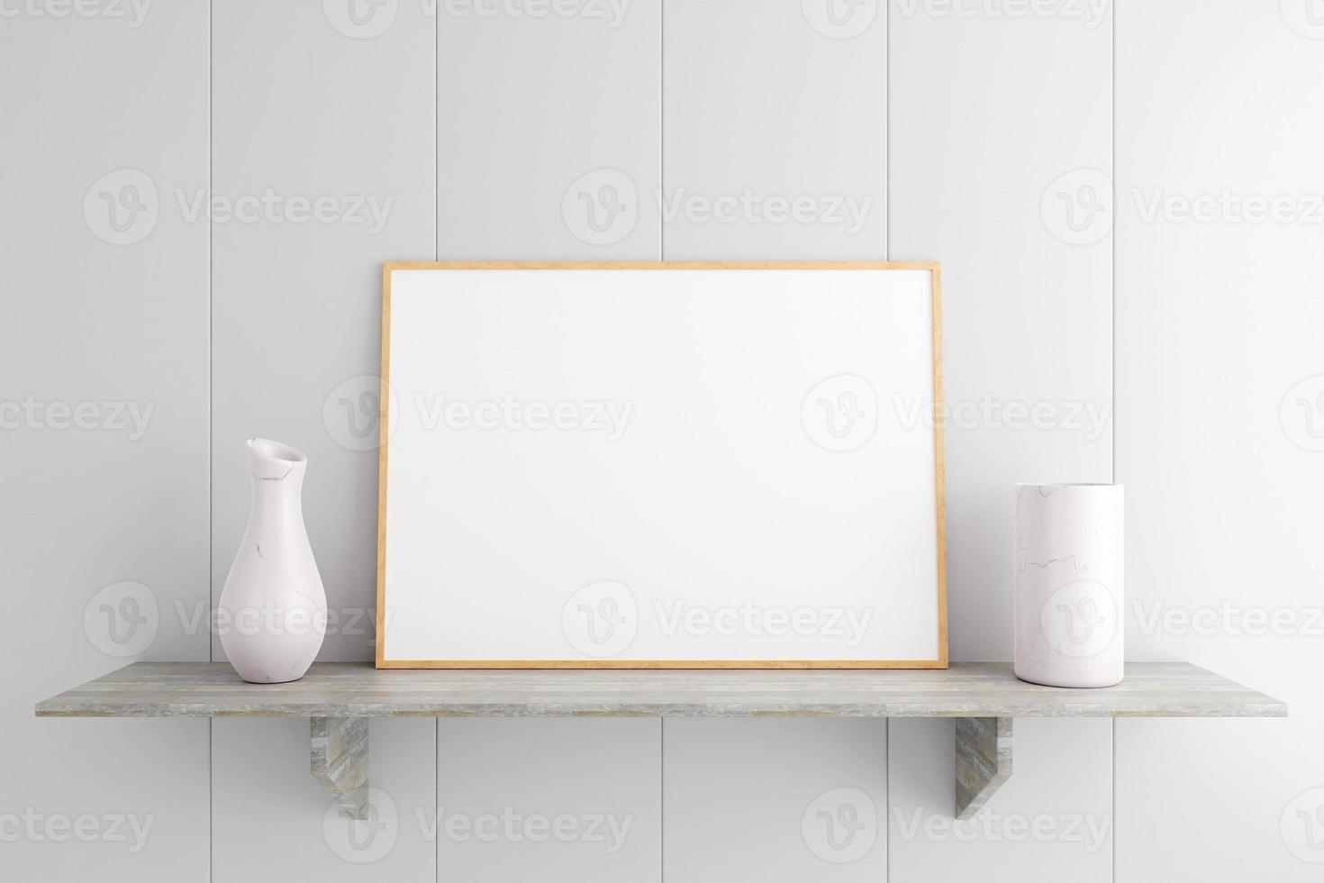 minimalistische en schone horizontale houten poster of fotolijst mockup op de marmeren tafel in de kamer. 3D-rendering. foto