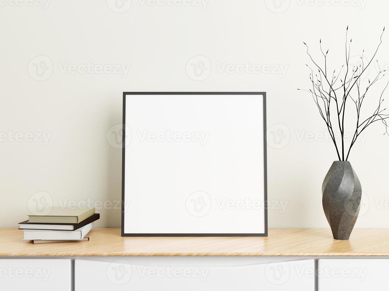 minimalistische vierkante zwarte poster of fotolijst mockup op houten tafel met boeken en vaas in een kamer. 3D-rendering. foto