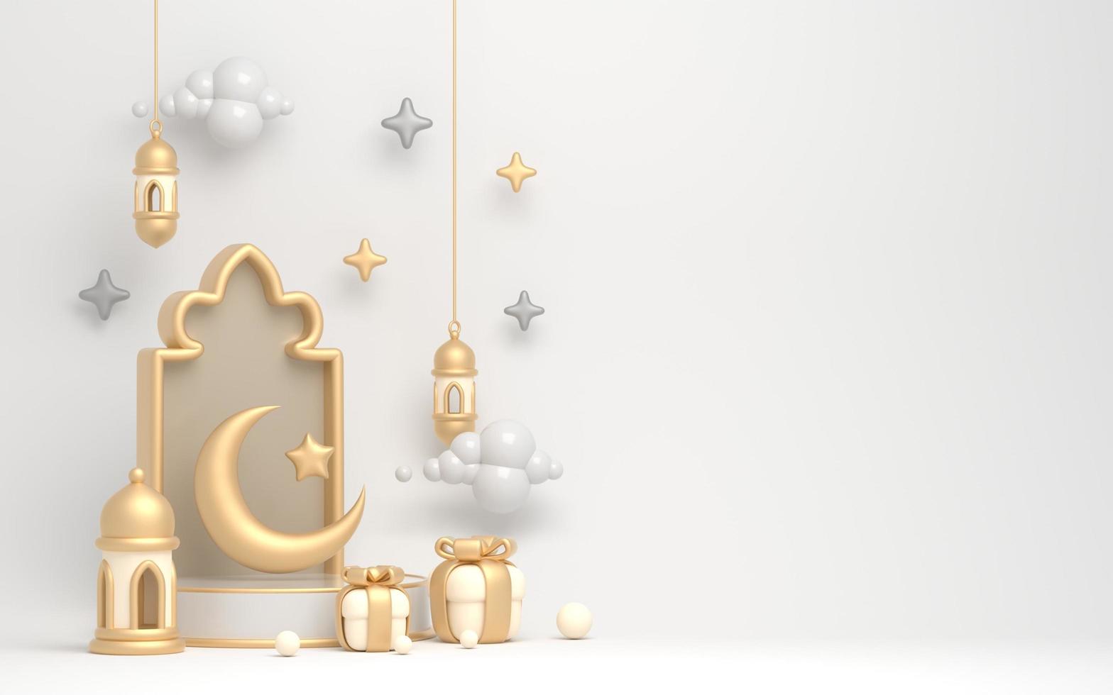 3d ramadan illustratie met gouden islamitische lantaarn en wassende maan op het podium voor groet foto