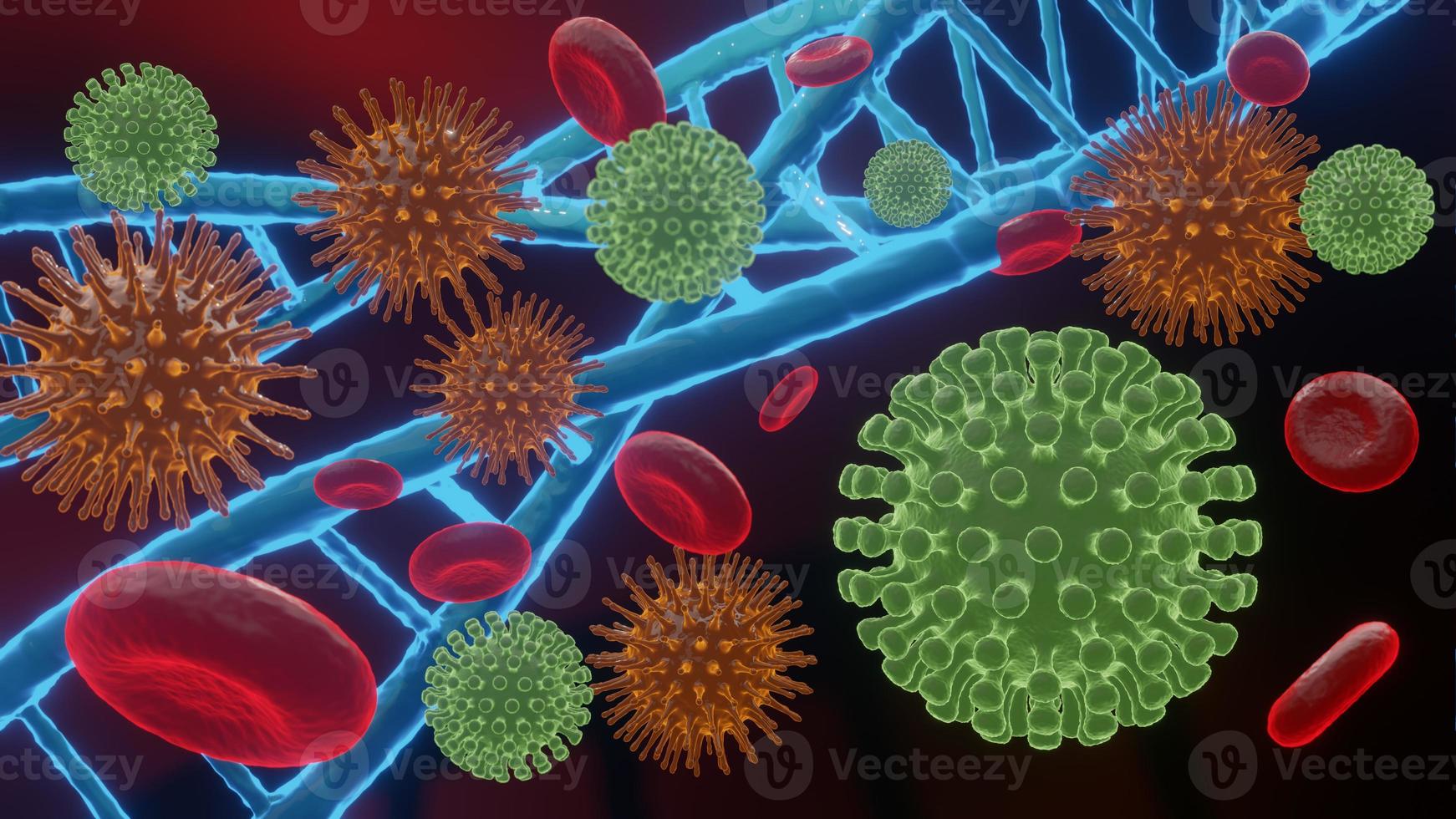 pathogene virussen die infectie veroorzaken in gastheerorganisme, uitbraak van virale ziekte, voor achtergrond of grafische resourse, 3d render foto