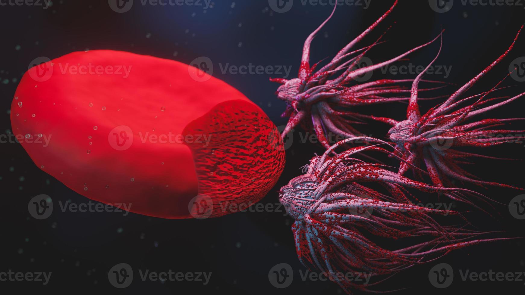 Microscoop virus close-up concept art. pathogene virussen die infectie veroorzaken in het gastheerorganisme, virus dat rode bloedcellen aanvalt, 3d render foto