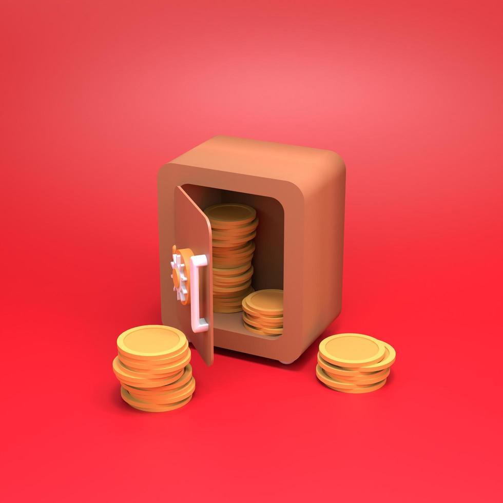 veilig met gouden munten en bankkaarten eromheen. financieel besparingsconcept. 3D render illustratie foto