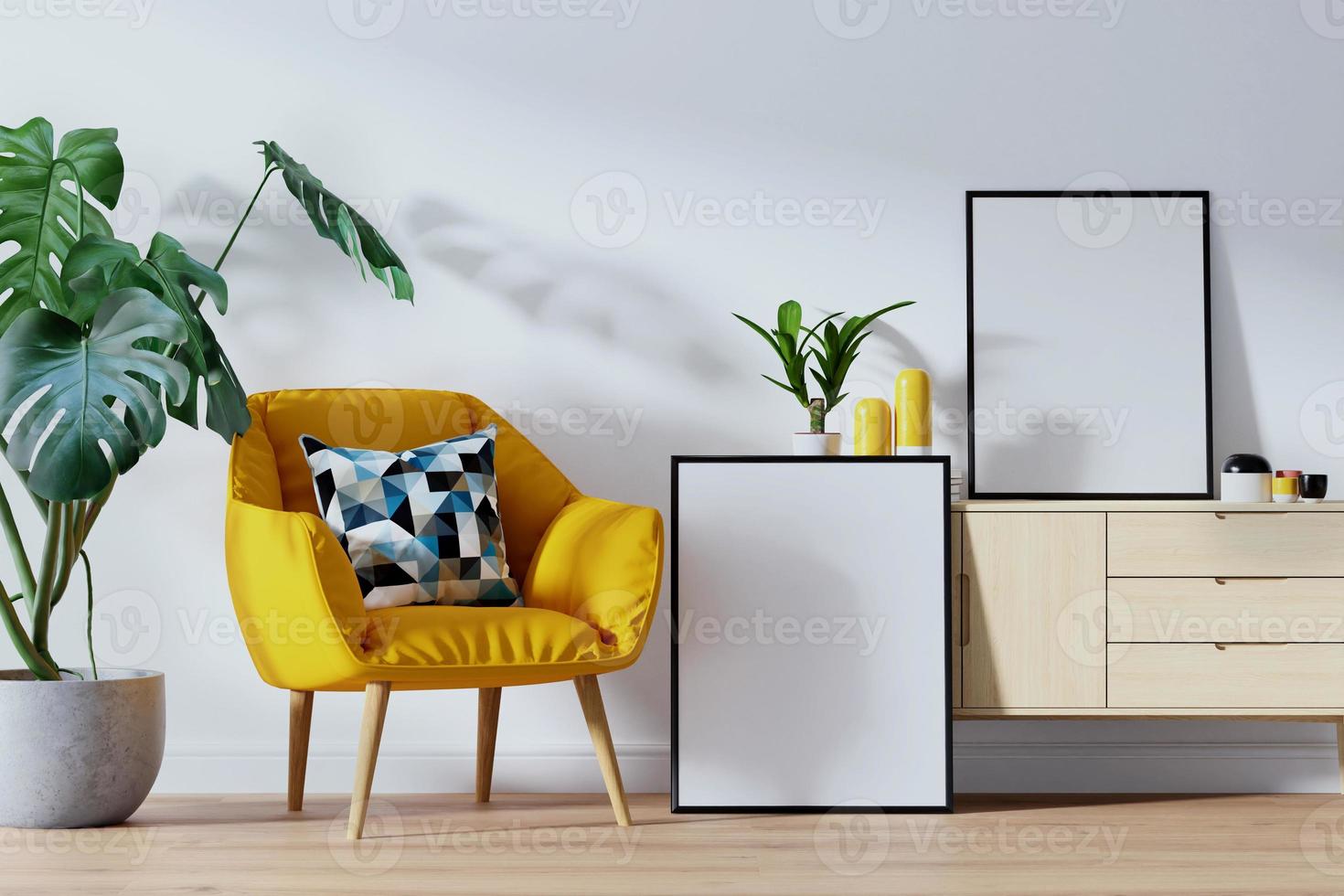 fotolijstmodel in schone minimalistische scandinavische kamer. 3D-rendering foto