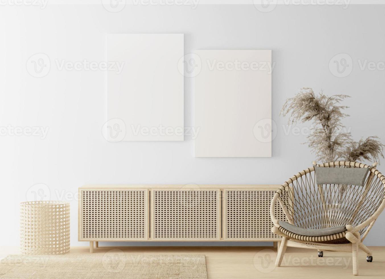3d render interieur canvas mockup met rotan en houten stoel en tafel foto