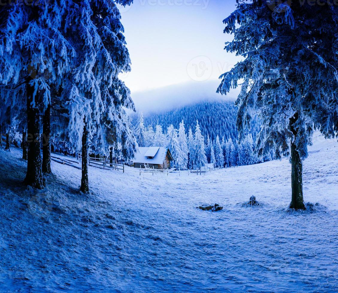 hut in de bergen in de winter foto