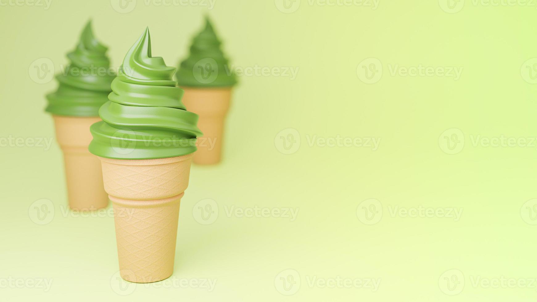 zacht serveren ijs van groene thee smaken op krokante kegel op groene achtergrond., 3D-model en illustratie. foto