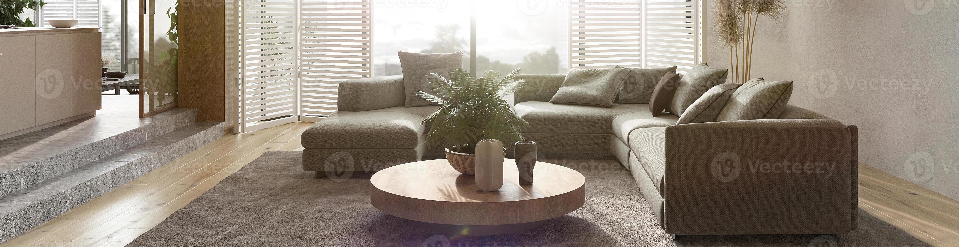 moderne verlichting beige interieur Scandinavisch design. banner-website. 3D render illustratie boho woonkamer met zonlicht en bank. foto