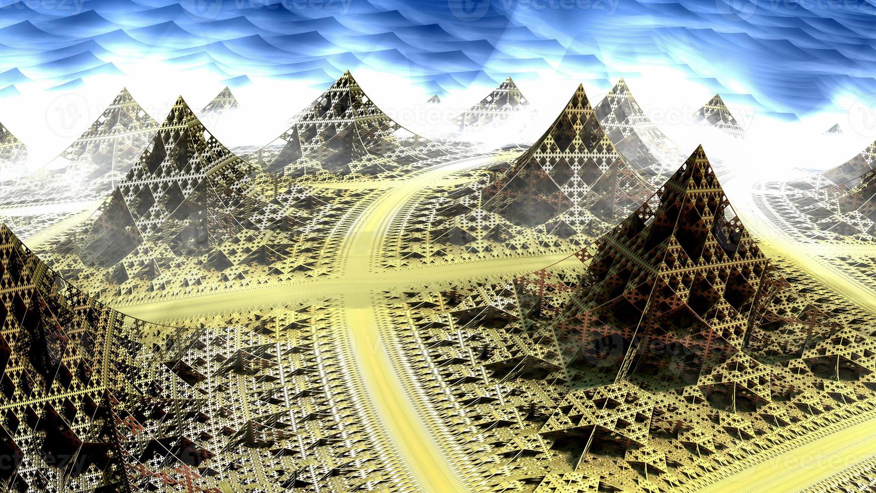 abstracte computer gegenereerde fractal ontwerp. 3d aliens illustratie van een prachtige oneindige wiskundige mandelbrot set fractal meerdere piramide toren foto
