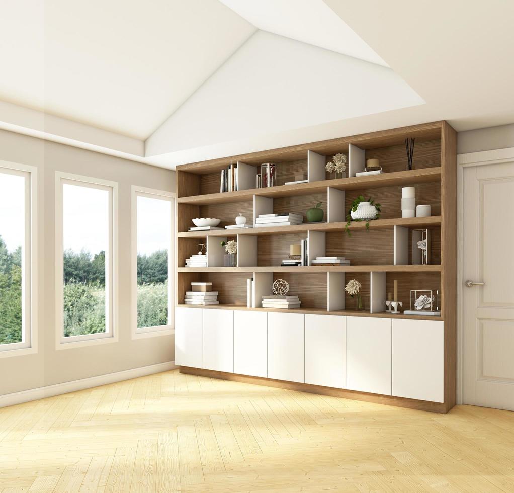 Noordse stijl werkkamer met lege ruimte en boekenplank. 3D-rendering foto